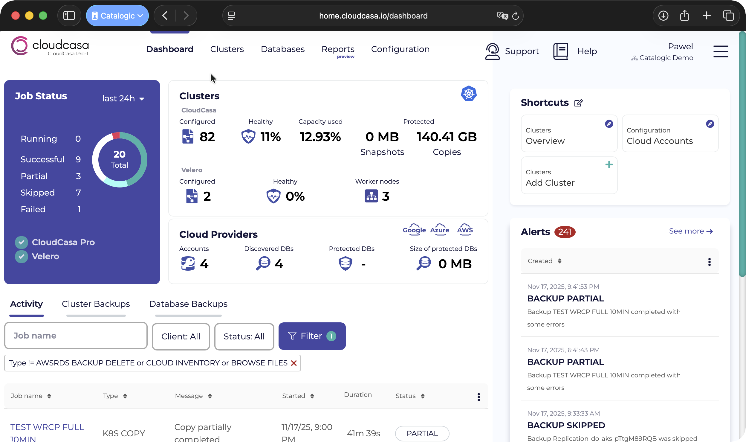 CloudCasa Dashboard - Kubernetes Backup-Verwaltung