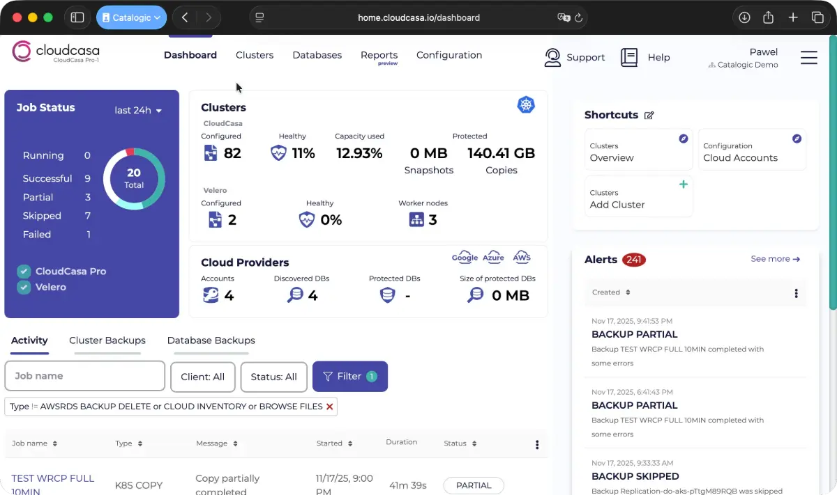 CloudCasa Dashboard - Panel zarządzania backupami Kubernetes